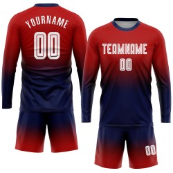 Fußball Fade Sublimation Fashion Custom Jersey Rot Uniform Weiß-Marine Langarm
