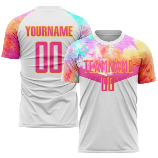 Weißes, uniformiertes Sublimations-Fußballtrikot in Pink-Gold