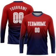 Fußball Fade Sublimation Fashion Custom Jersey Rot Uniform Weiß-Marine Langarm
