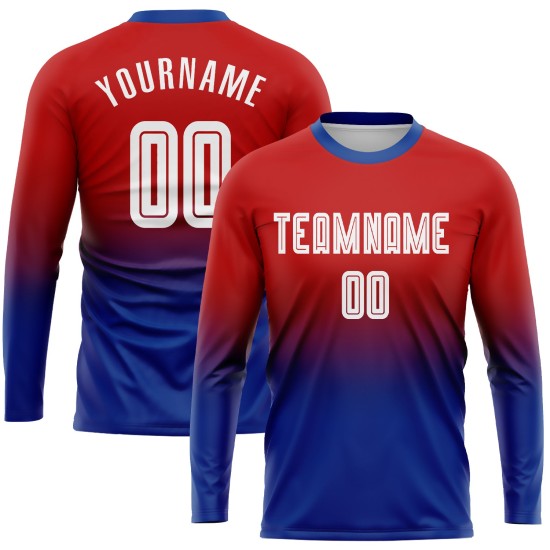 Fußball-Mode-Trikot lang weiß-königlich benutzerdefinierte Ärmel Uniform verblassen rot Sublimation