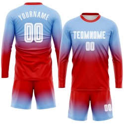 Ärmel Sublimation Fußball Blau Verblassen Lange Mode Licht Uniform Custom Jersey Weiß-Rot Ärmel Sublimation Fußball Blau Verblassen Lange Mode Licht Uniform Custom Jersey Weiß-Rot