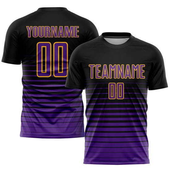 Mode Schwarz Custom Nadelstreifen Lila-Gold Jersey Verblassen Fußball Uniform Sublimation