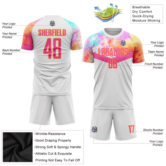 Weißes, uniformiertes Sublimations-Fußballtrikot in Pink-Gold