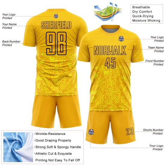 Benutzerdefinierte Uniform Sublimation Fußball Jersey Geometrische Formen Schwarz Gold