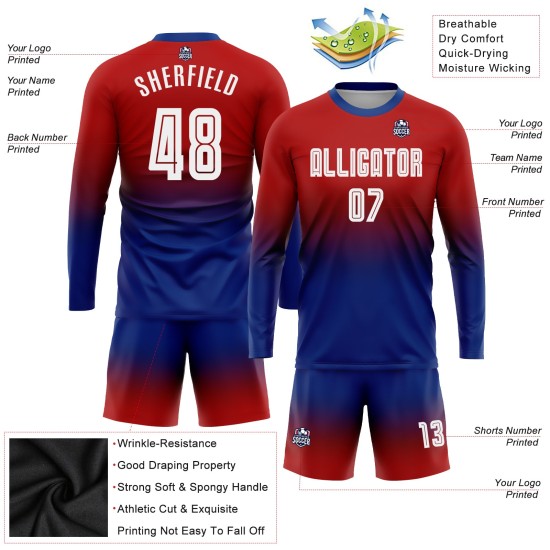 Fußball-Mode-Trikot lang weiß-königlich benutzerdefinierte Ärmel Uniform verblassen rot Sublimation